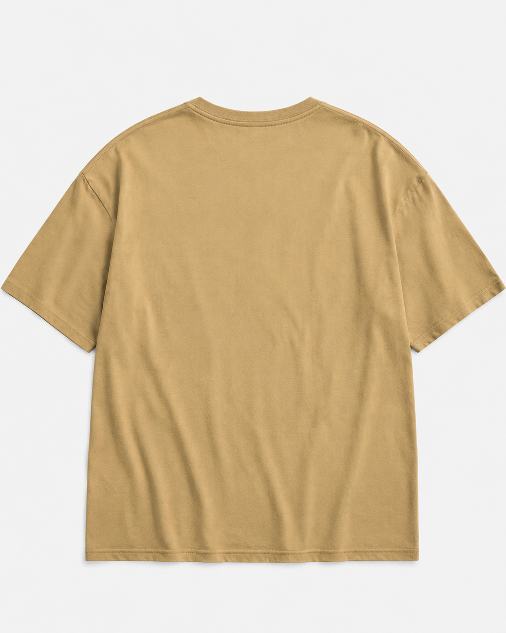 A plain tan short-sleeve t-shirt shown from the back, laid flat against a light gray background.