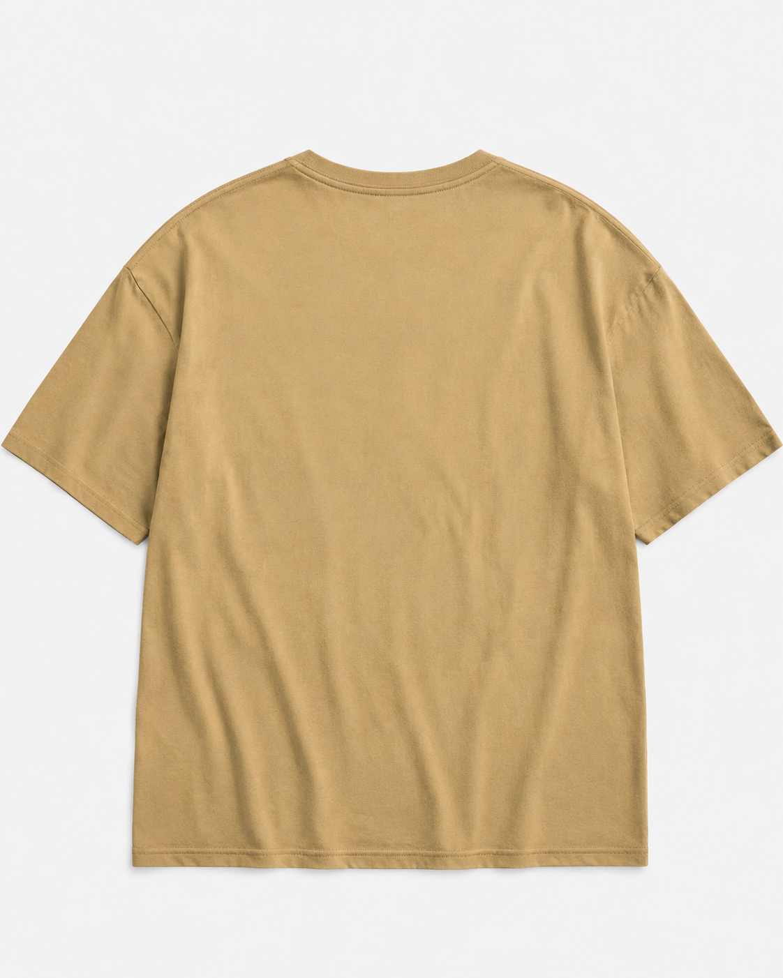 A plain tan short-sleeve t-shirt shown from the back, laid flat against a light gray background.
