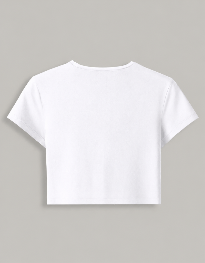 A white short-sleeve crop top shown from the back, laid flat against a solid light gray background.