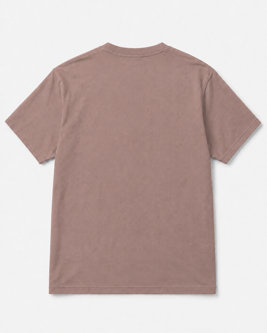 A plain short-sleeve crewneck t-shirt shown from the back, in a muted dusty rose or mauve color, laid flat against a clean white background.