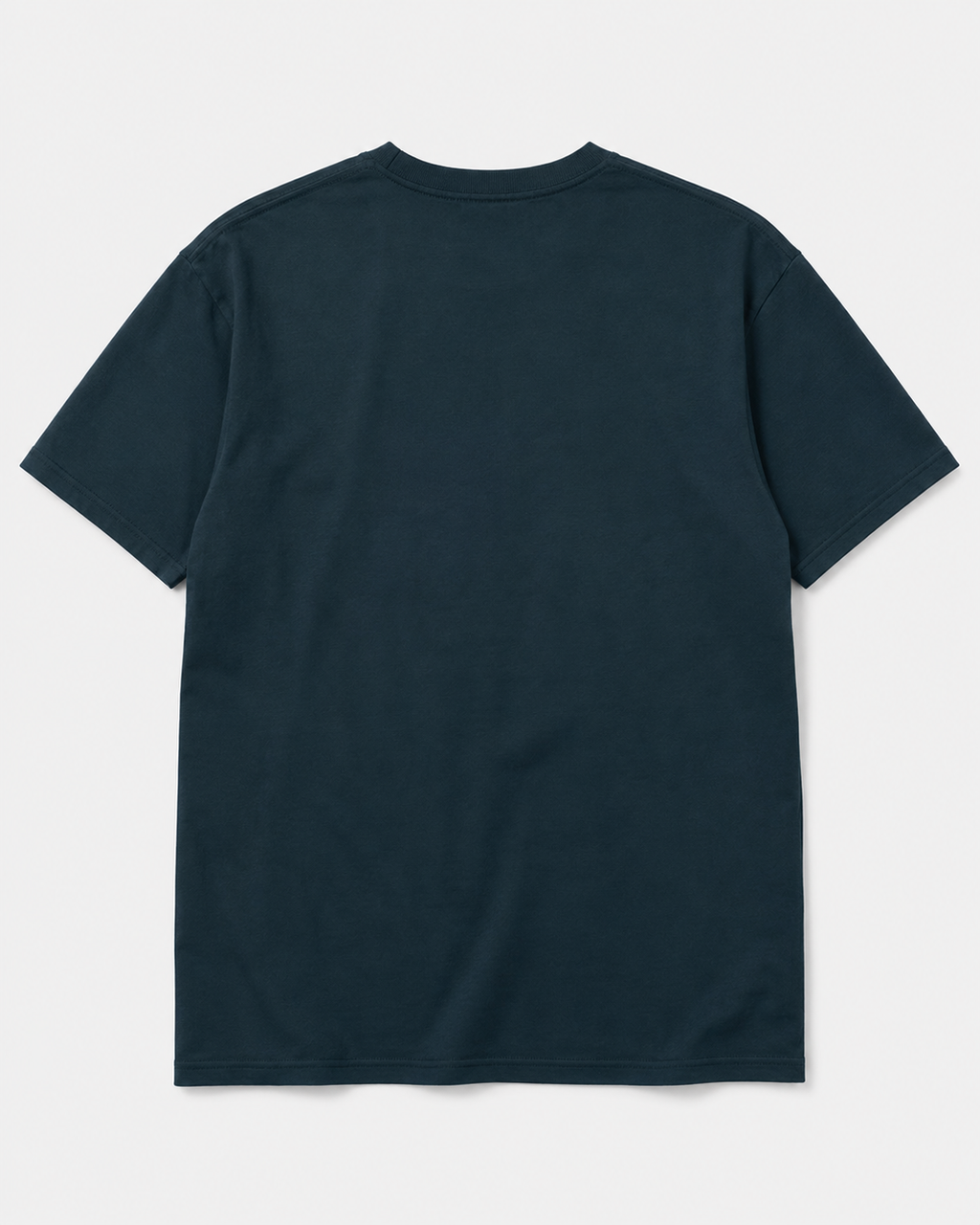 A dark navy blue short-sleeve crewneck t-shirt shown from the back, laid flat against a light gray background.