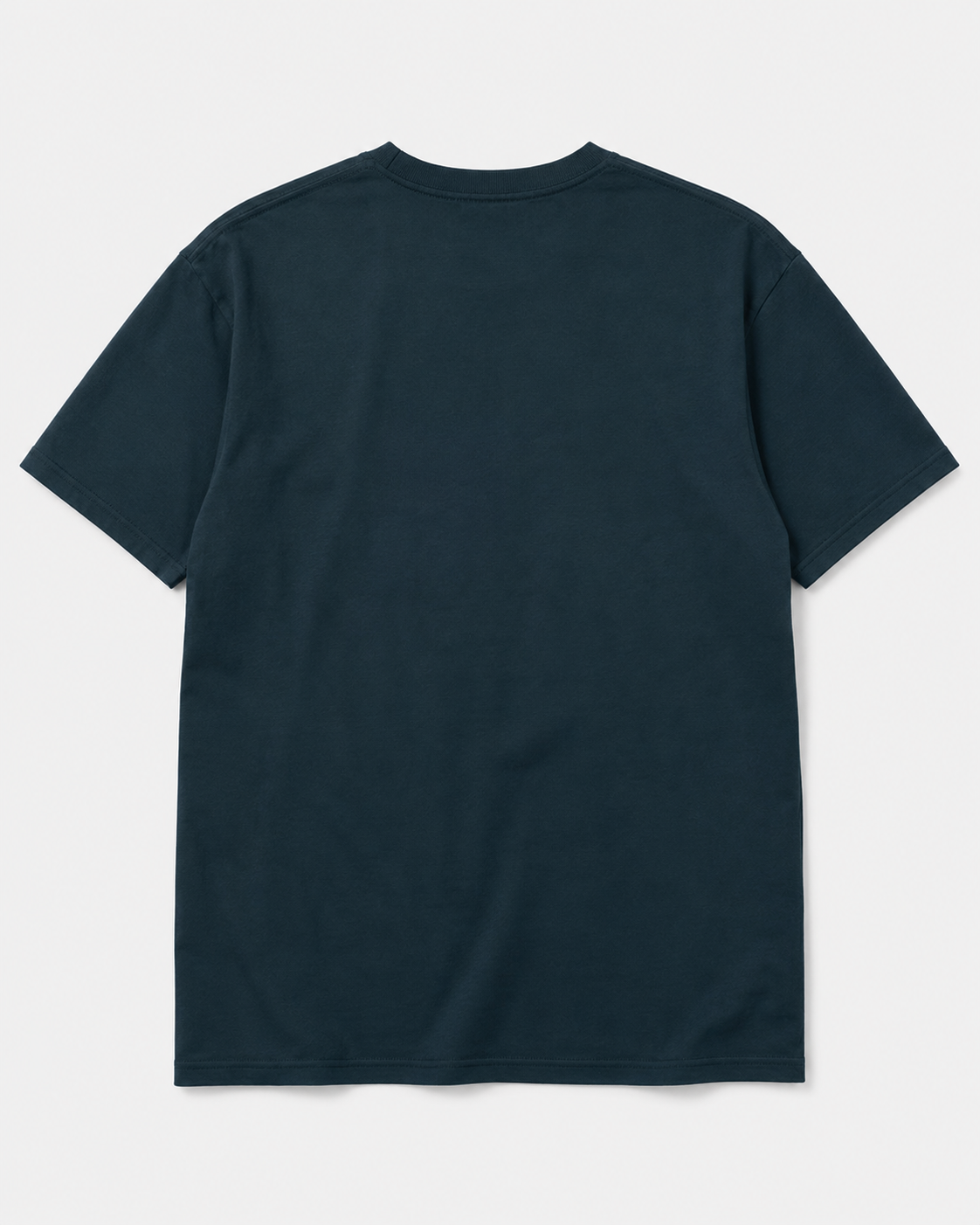 A dark navy blue short-sleeve crewneck t-shirt shown from the back, laid flat against a light gray background.