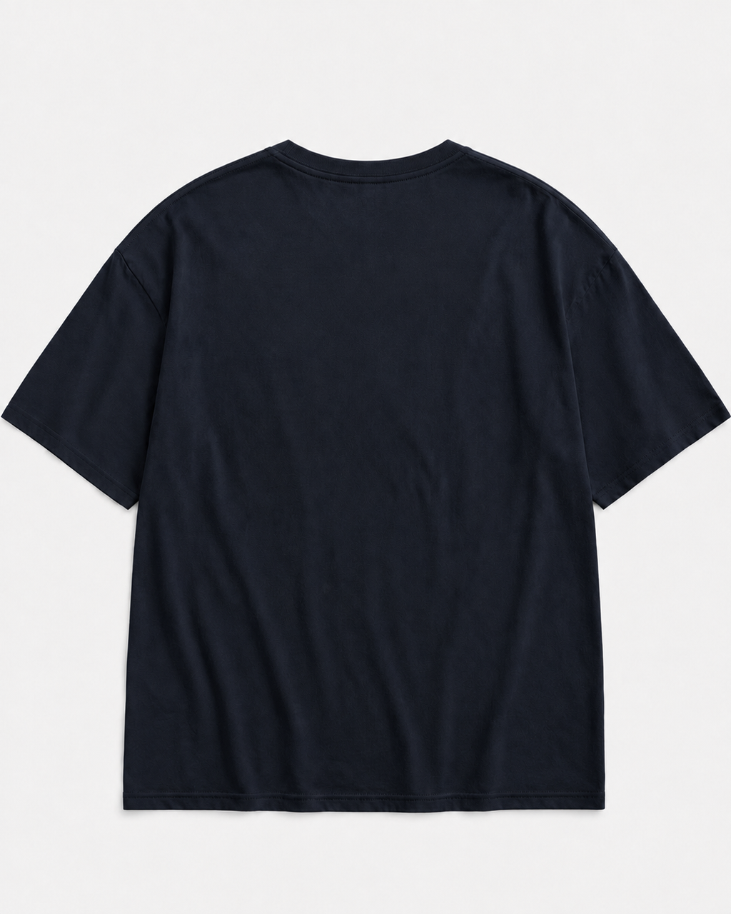 A dark navy blue short-sleeve t-shirt shown from the back, laid flat against a light gray background.
