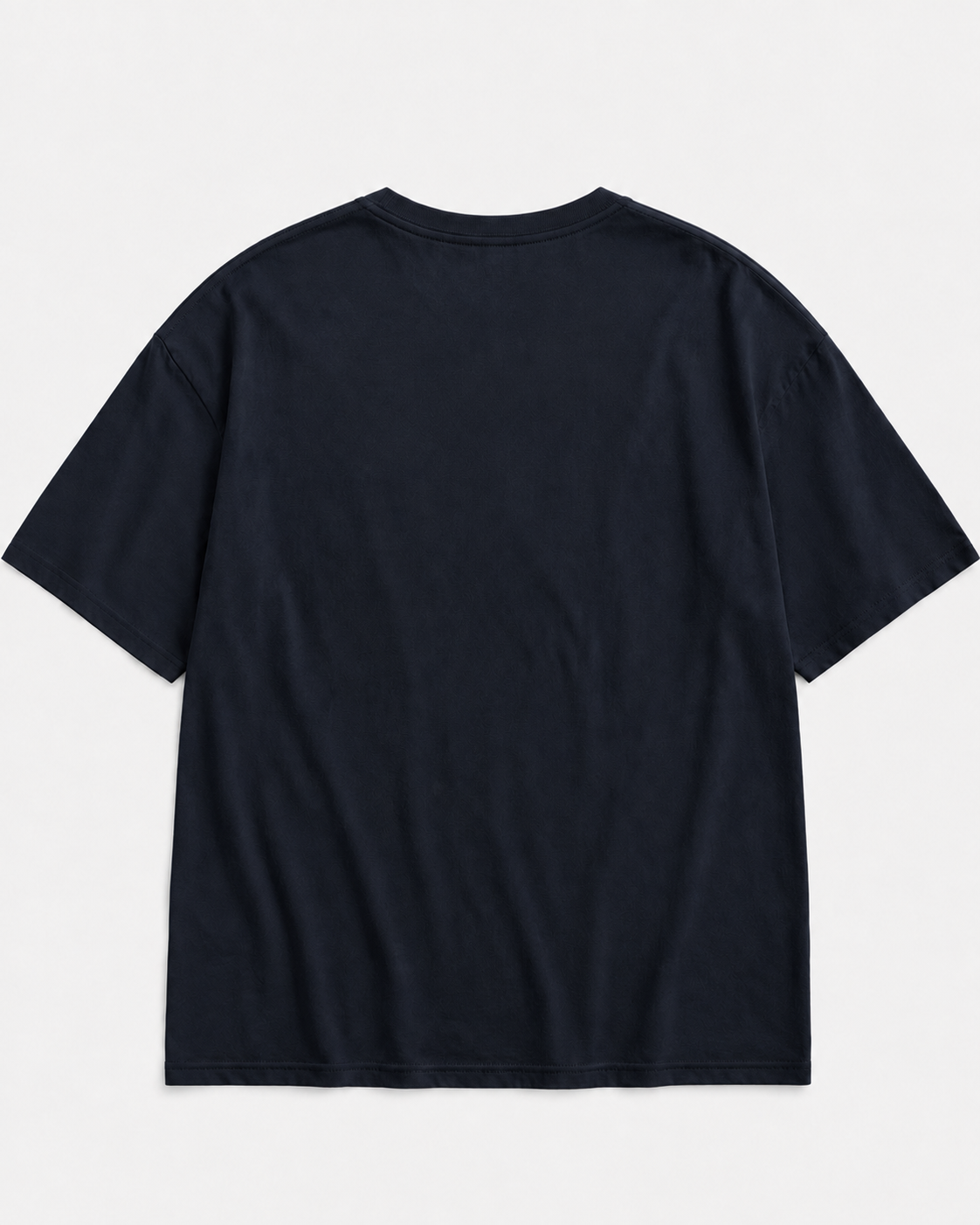 A dark navy blue short-sleeve t-shirt shown from the back, laid flat against a light gray background.