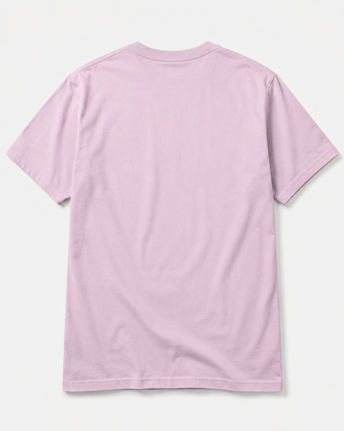 A light pink short-sleeve crewneck t-shirt shown from the back, laid flat against a clean off-white background.