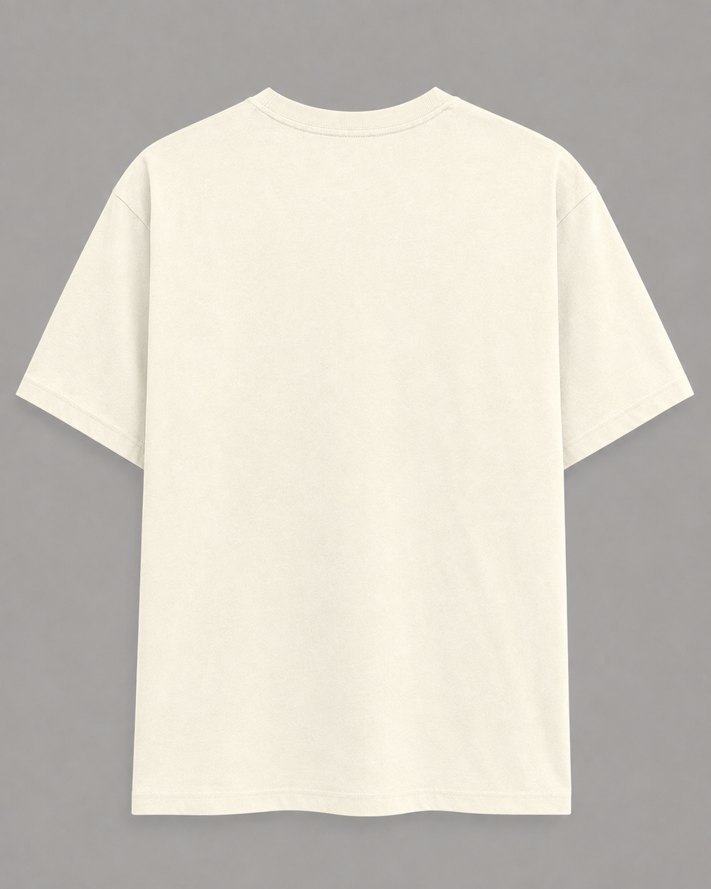 A plain off-white short-sleeve t-shirt shown from the back, laid flat against a solid gray background.