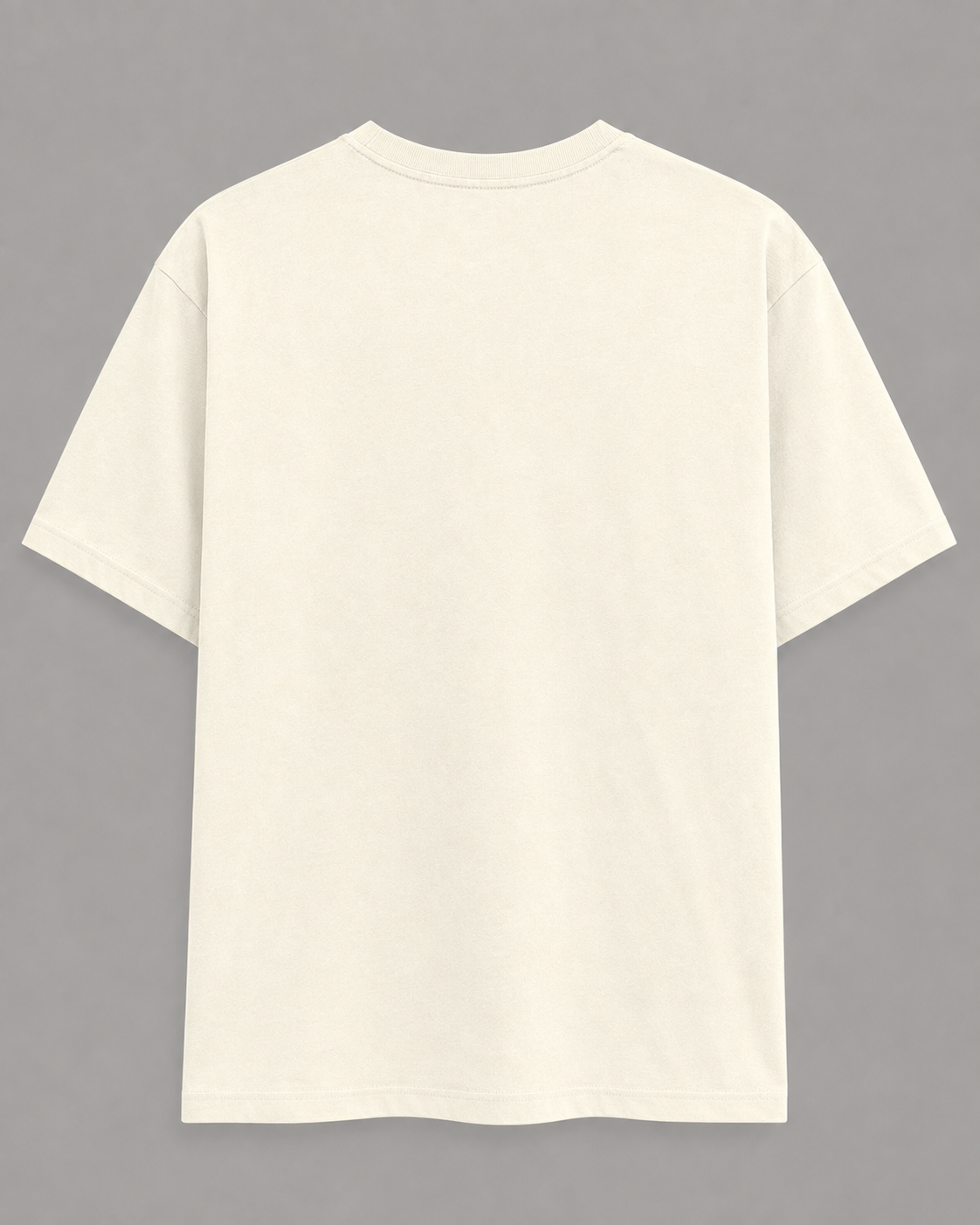 A plain off-white short-sleeve t-shirt shown from the back, laid flat against a solid gray background.