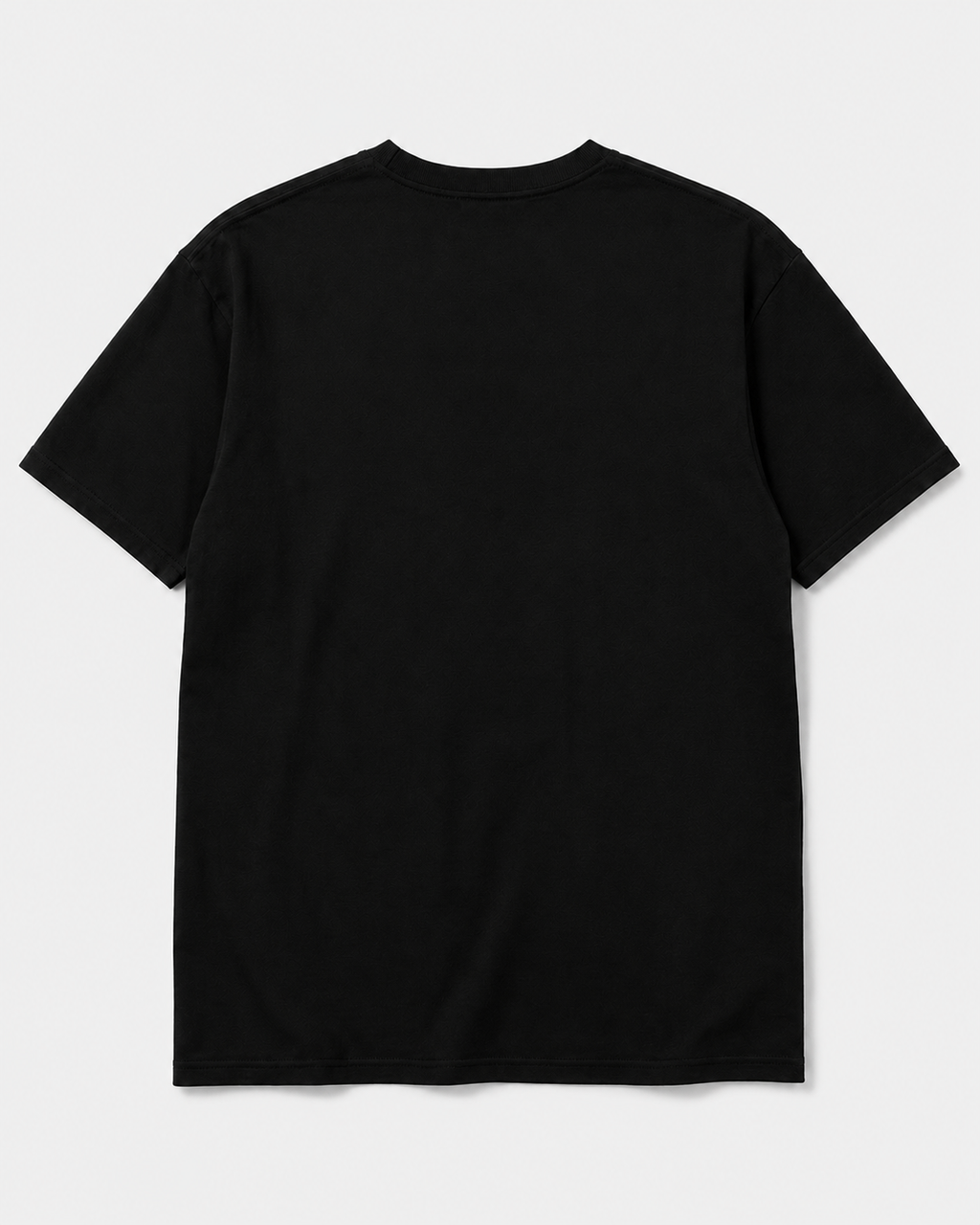 A plain black short-sleeve crewneck t-shirt shown from the back, laid flat against a light gray background.