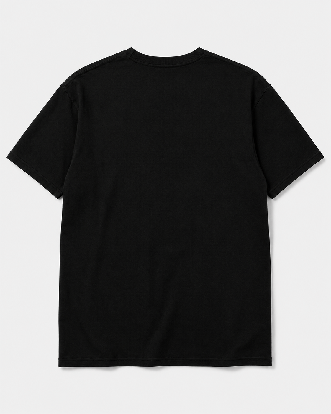 A plain black short-sleeve crewneck t-shirt shown from the back, laid flat against a light gray background.