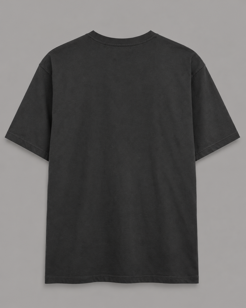 A dark charcoal gray short-sleeve t-shirt shown from the back, laid flat against a solid gray background.
