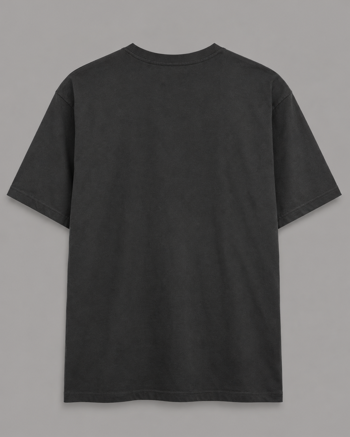 A dark charcoal gray short-sleeve t-shirt shown from the back, laid flat against a solid gray background.