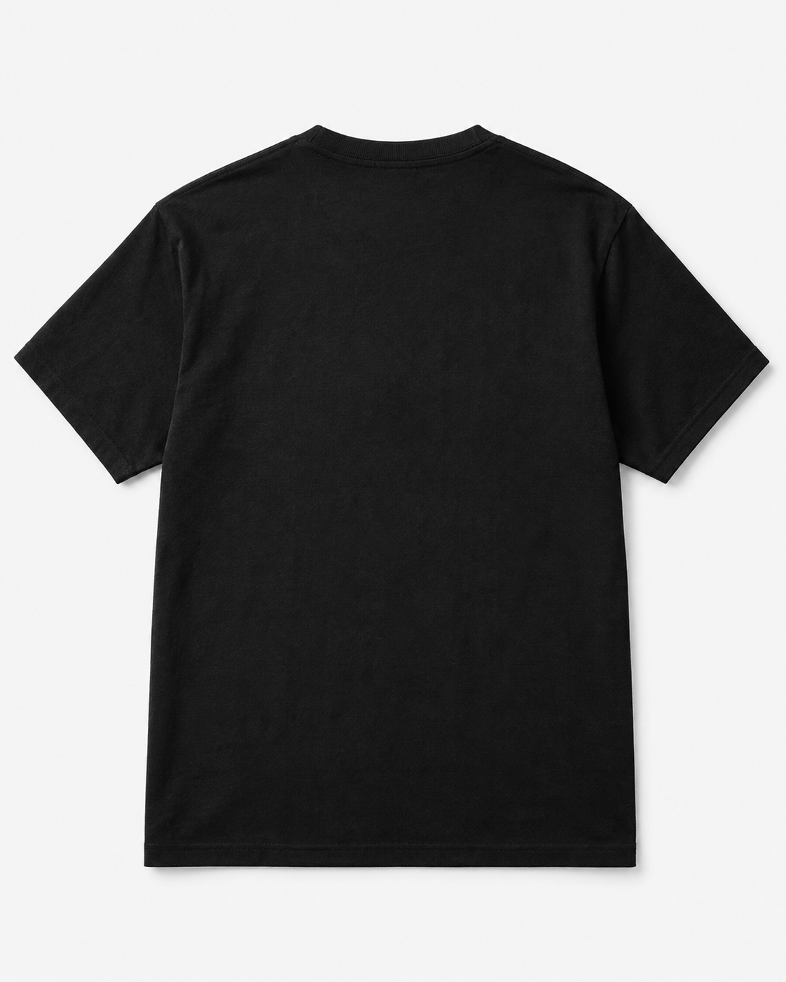 A black short-sleeve crewneck t-shirt shown from the back, laid flat against a light gray background.