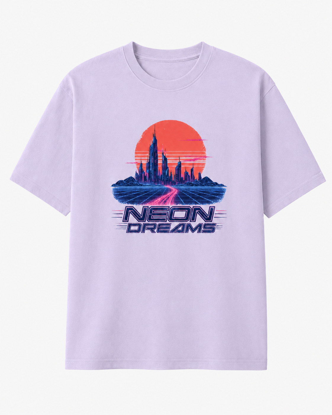 A light lavender crewneck t-shirt featuring a retro-futuristic graphic of a neon city skyline under a large orange sun, with the text 'NEON DREAMS' printed below in a stylized font.