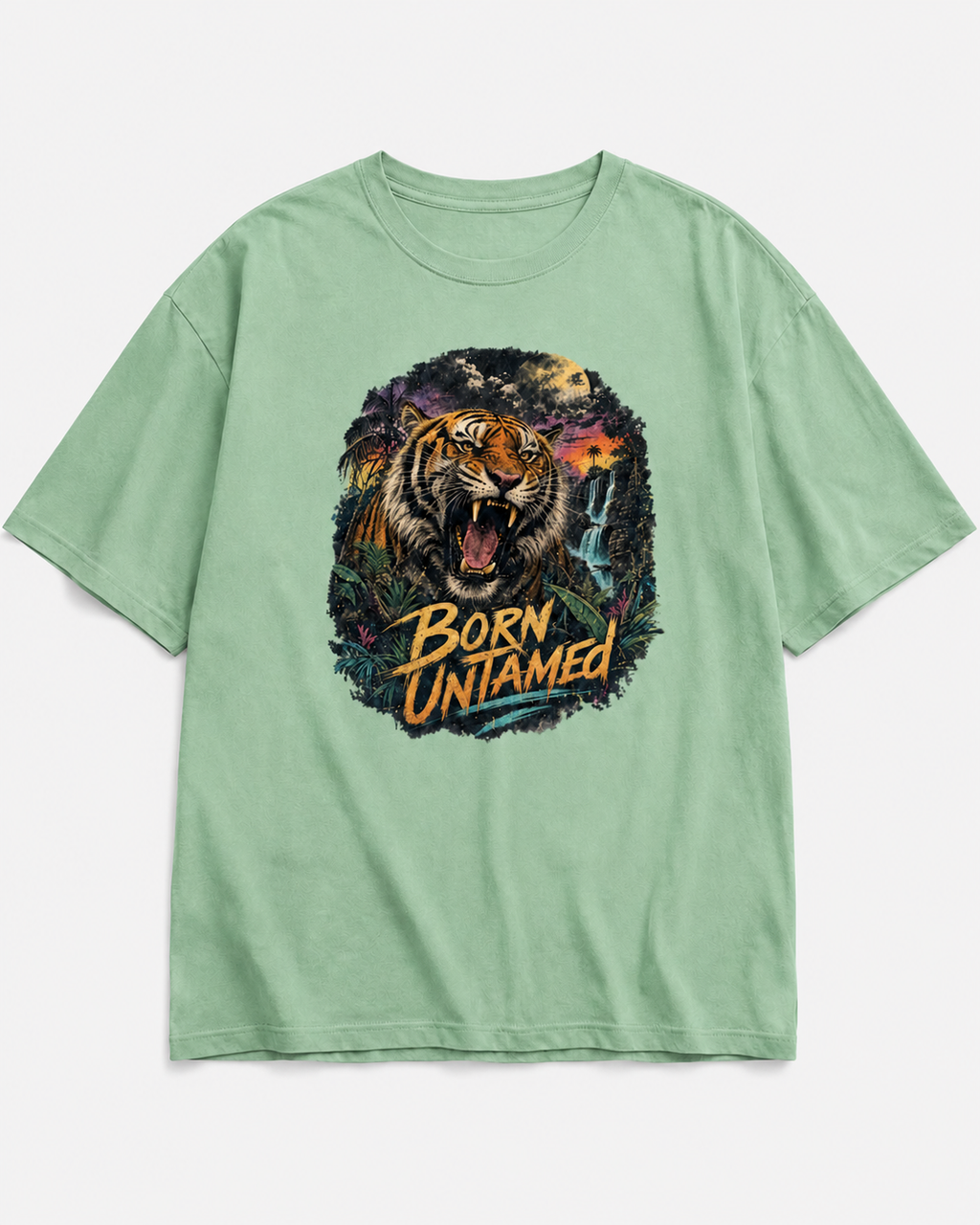 A light sage green short-sleeve t-shirt with a large graphic print of a roaring tiger and the text 'BORN UNTAMED' on the front, displayed flat against a light gray background.