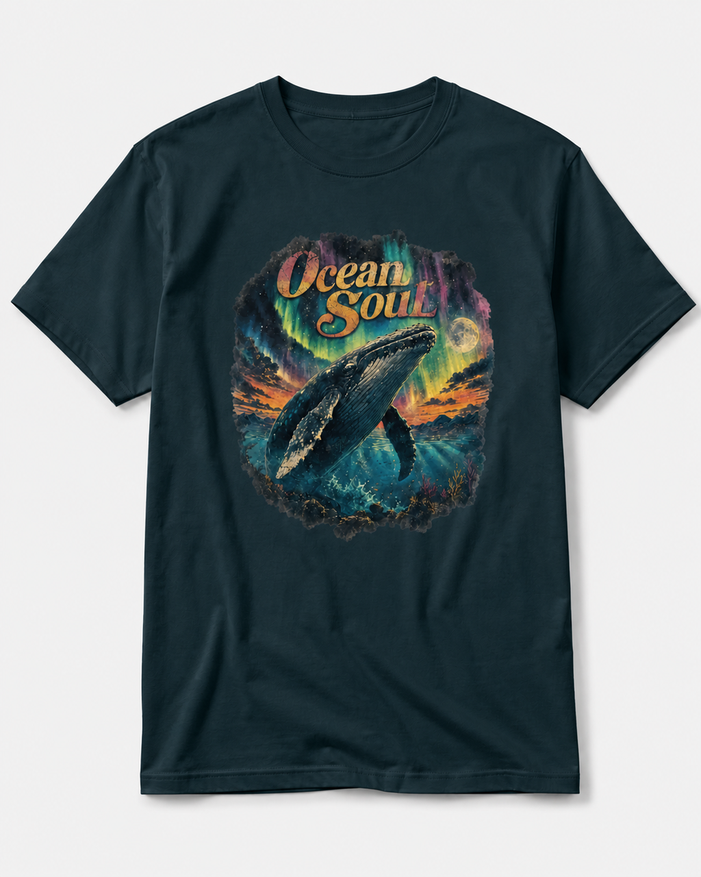 A dark teal short-sleeve t-shirt with a colorful graphic print of a humpback whale under a glowing 'Ocean Soul' sign, displayed on a light gray background.