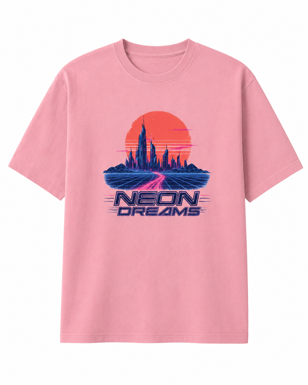 A light pink short-sleeve crewneck t-shirt featuring a retro-futuristic graphic of a neon city skyline under a large orange sun, with the text 'NEON DREAMS' printed below in blue and pink.