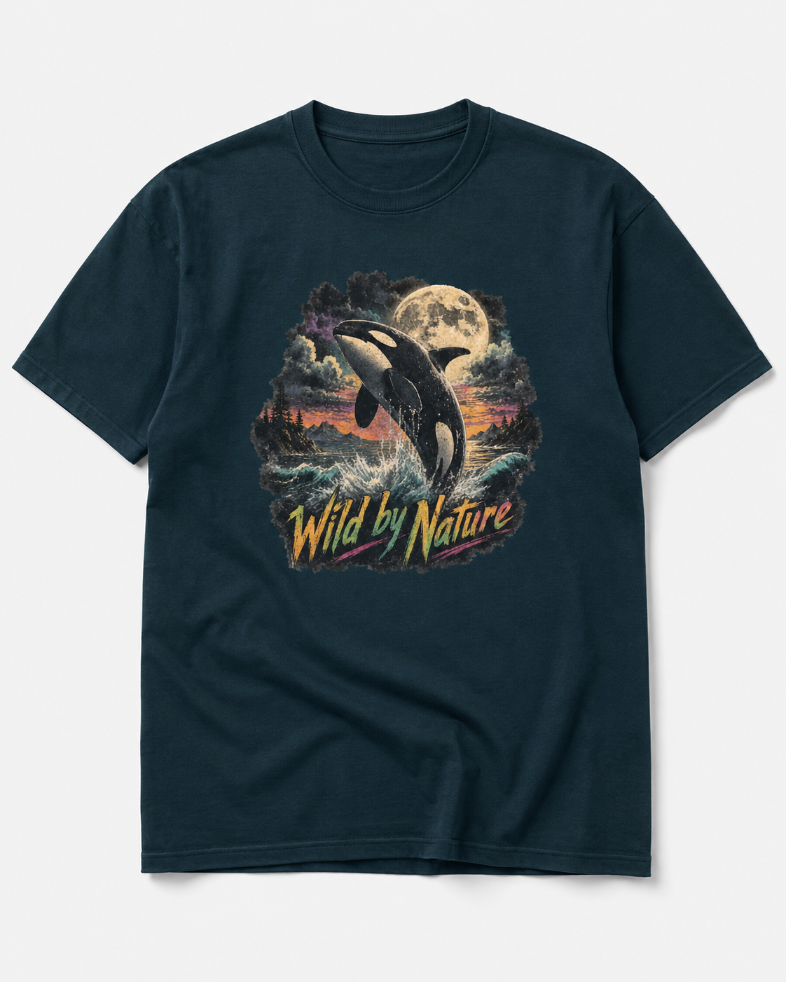 A dark navy blue short-sleeve t-shirt with a large graphic print on the front showing an orca whale, a full moon, and the text 'Wild by Nature' in yellow and orange.