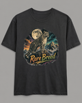 A black short-sleeve t-shirt with a graphic print of a snow leopard under a full moon and mountains, featuring the text 'Rare Breed' in a stylized font.
