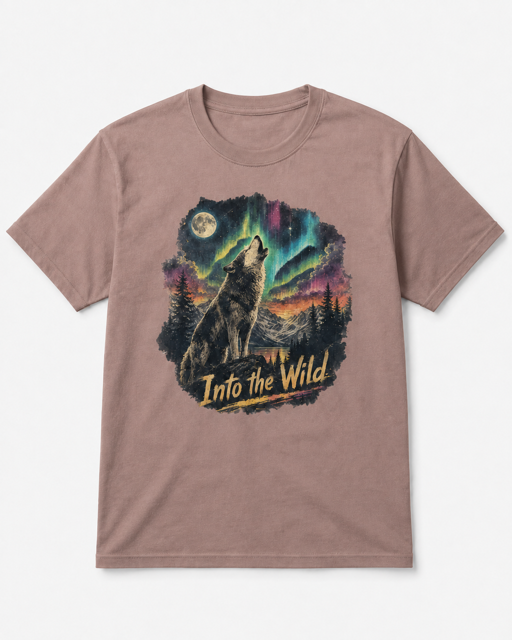 A mauve-brown short-sleeve crewneck t-shirt featuring a large graphic print of a howling wolf under a full moon and colorful aurora borealis sky, with the text 'Into the Wild' printed below.