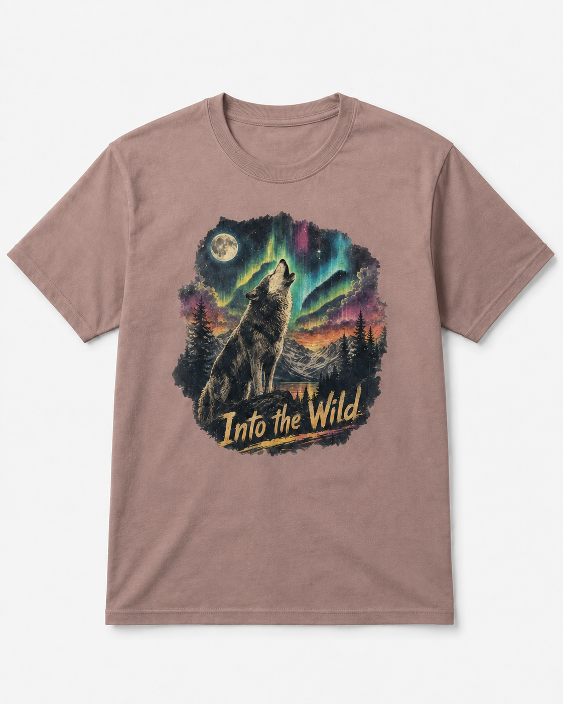 A mauve-brown short-sleeve crewneck t-shirt featuring a large graphic print of a howling wolf under a full moon and colorful aurora borealis sky, with the text 'Into the Wild' printed below.