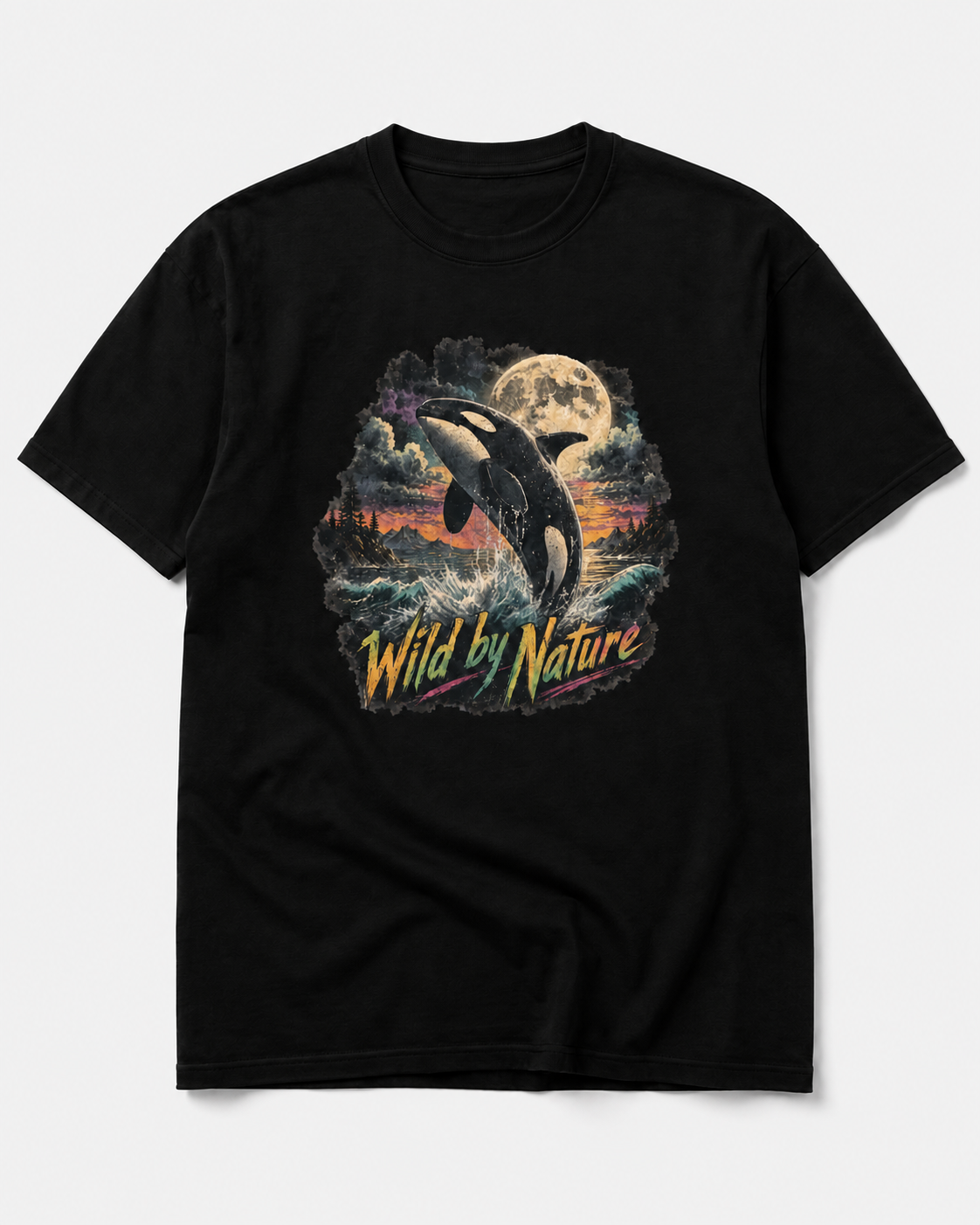 A black short-sleeve crewneck t-shirt featuring a large graphic print of an orca whale under a full moon with the text 'Wild by Nature' in yellow and orange, displayed on a light gray background.