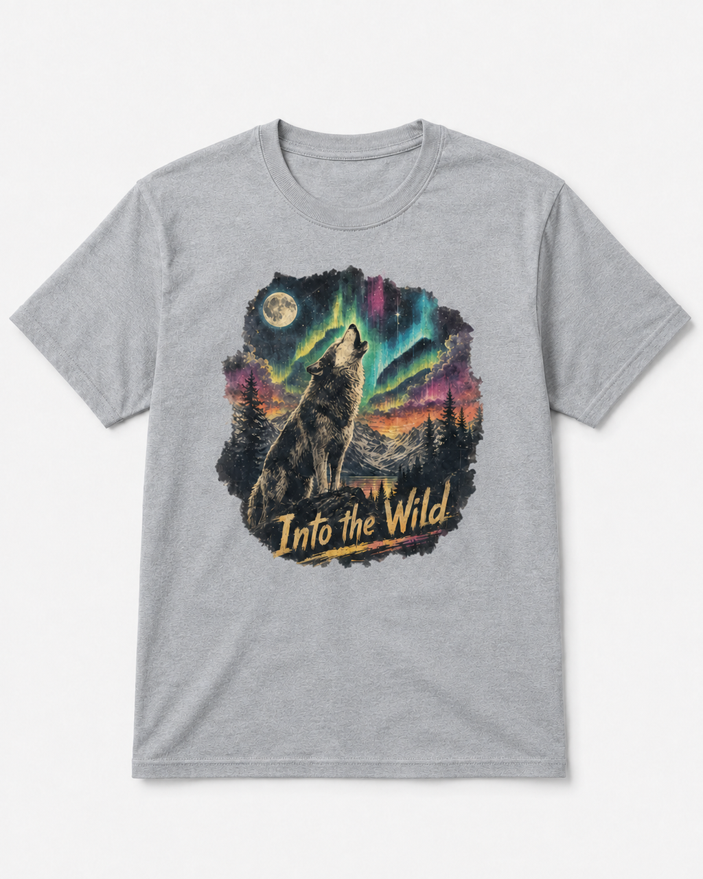 A heather gray short-sleeve crewneck t-shirt featuring a large graphic print of a howling wolf in a mountain landscape under a full moon and colorful aurora borealis, with the text 'Into the Wild' printed below.