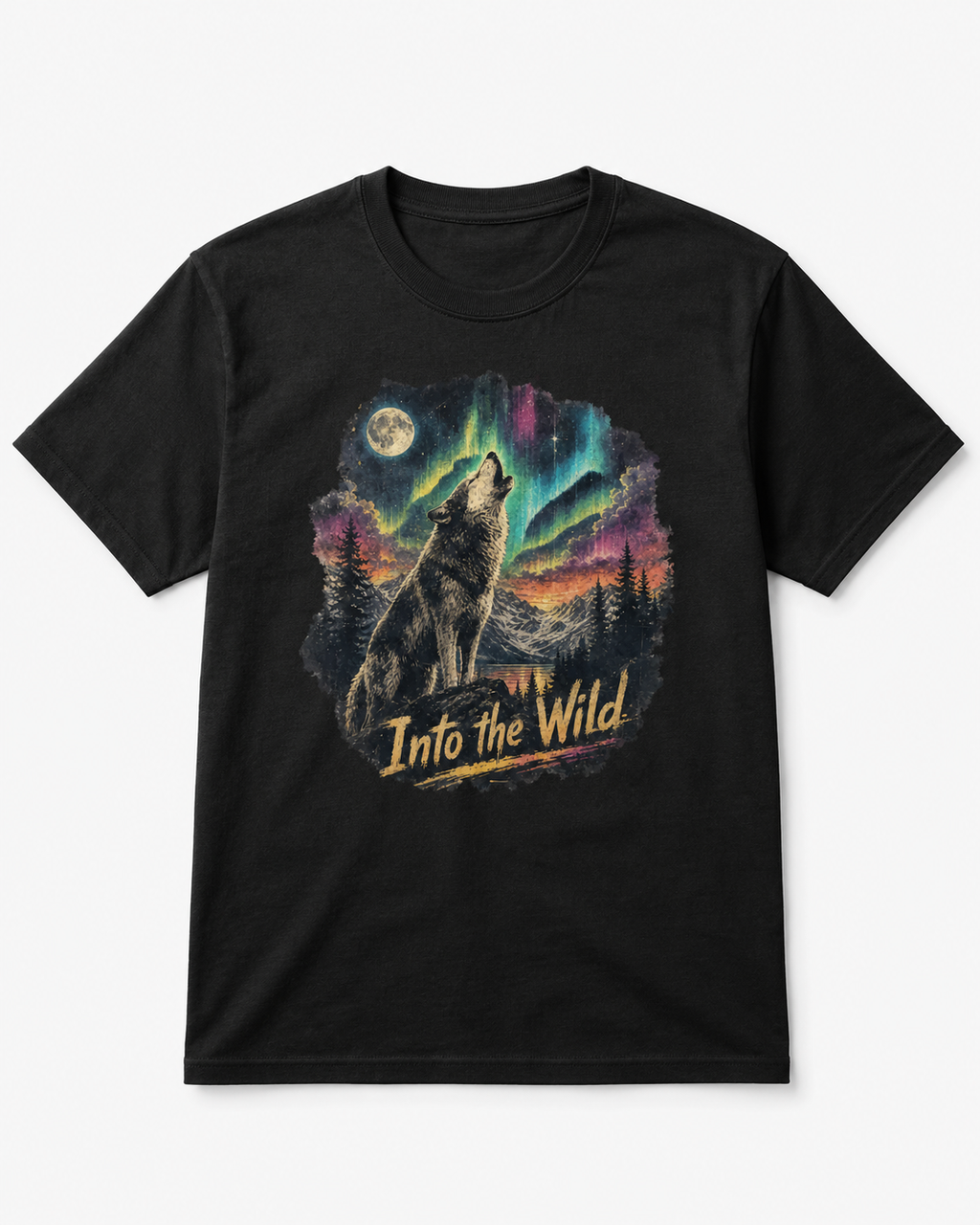 A black short-sleeve crewneck t-shirt featuring a large graphic print of a howling wolf under a full moon and colorful aurora borealis sky, with the text 'Into the Wild' printed below.