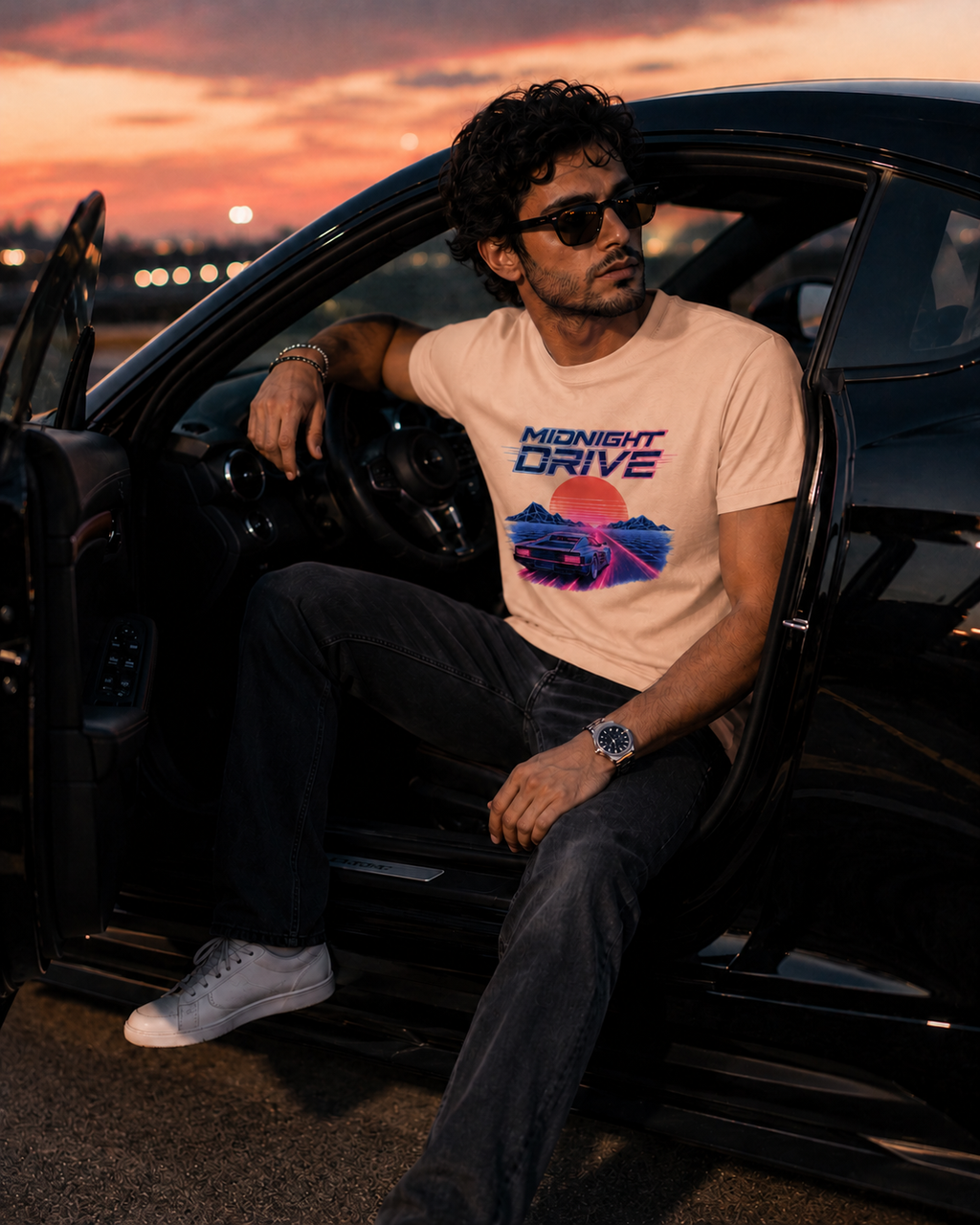 A man wearing a light beige graphic t-shirt with a retro 'Midnight Drive' design, sitting in the driver's seat of a black car at sunset.
