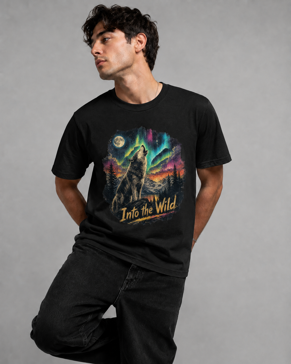 A man wearing a black short-sleeve graphic t-shirt with a colorful print of a howling wolf under a full moon with the text 'Into the Wild'.