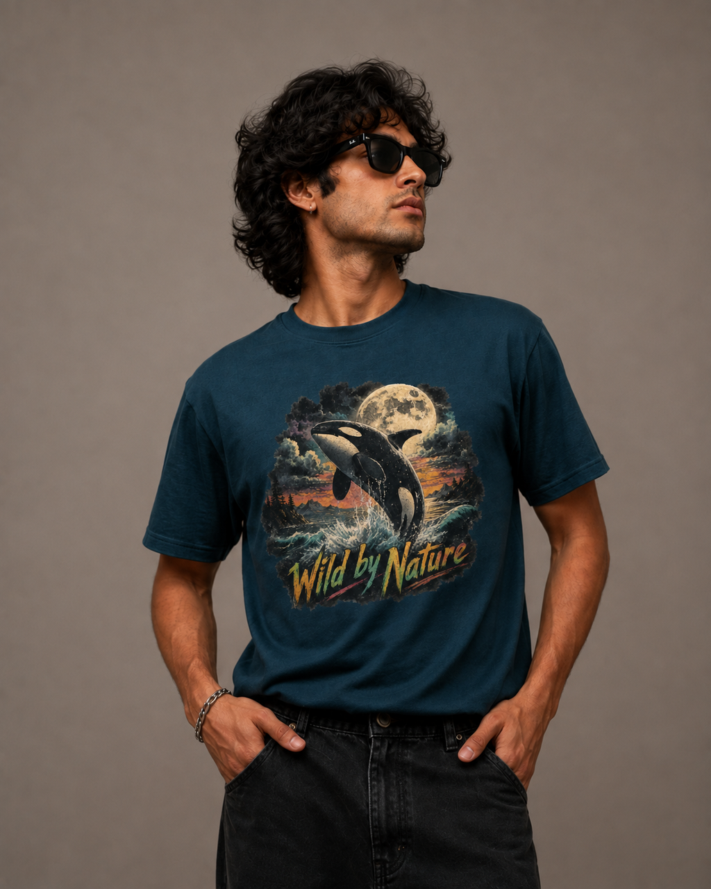 A man wearing a dark teal graphic t-shirt with an orca and moon design, paired with black jeans and sunglasses, standing against a solid gray studio background.