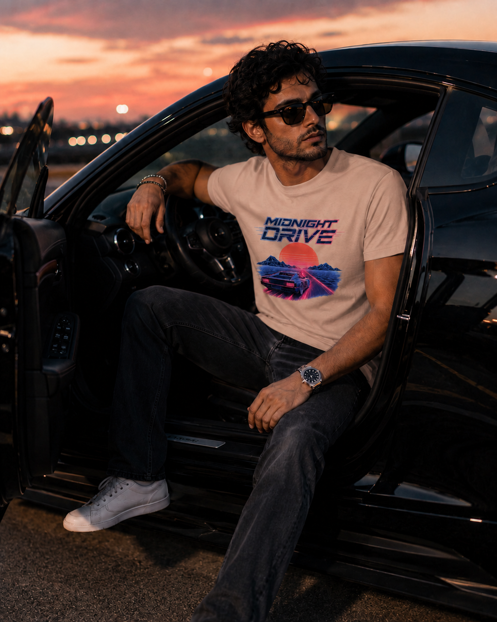 A man wearing a beige graphic t-shirt with a retro 'Midnight Drive' design, sitting in the open driver's seat of a black car at sunset.