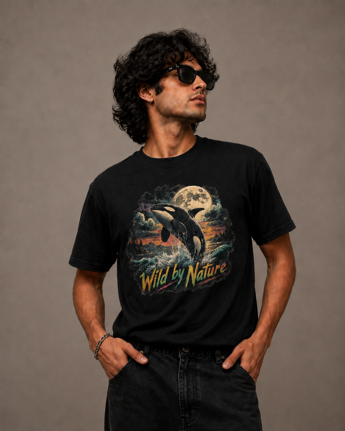 A man wearing a black graphic t-shirt with an orca and moon design, paired with black jeans, standing against a neutral gray studio background.