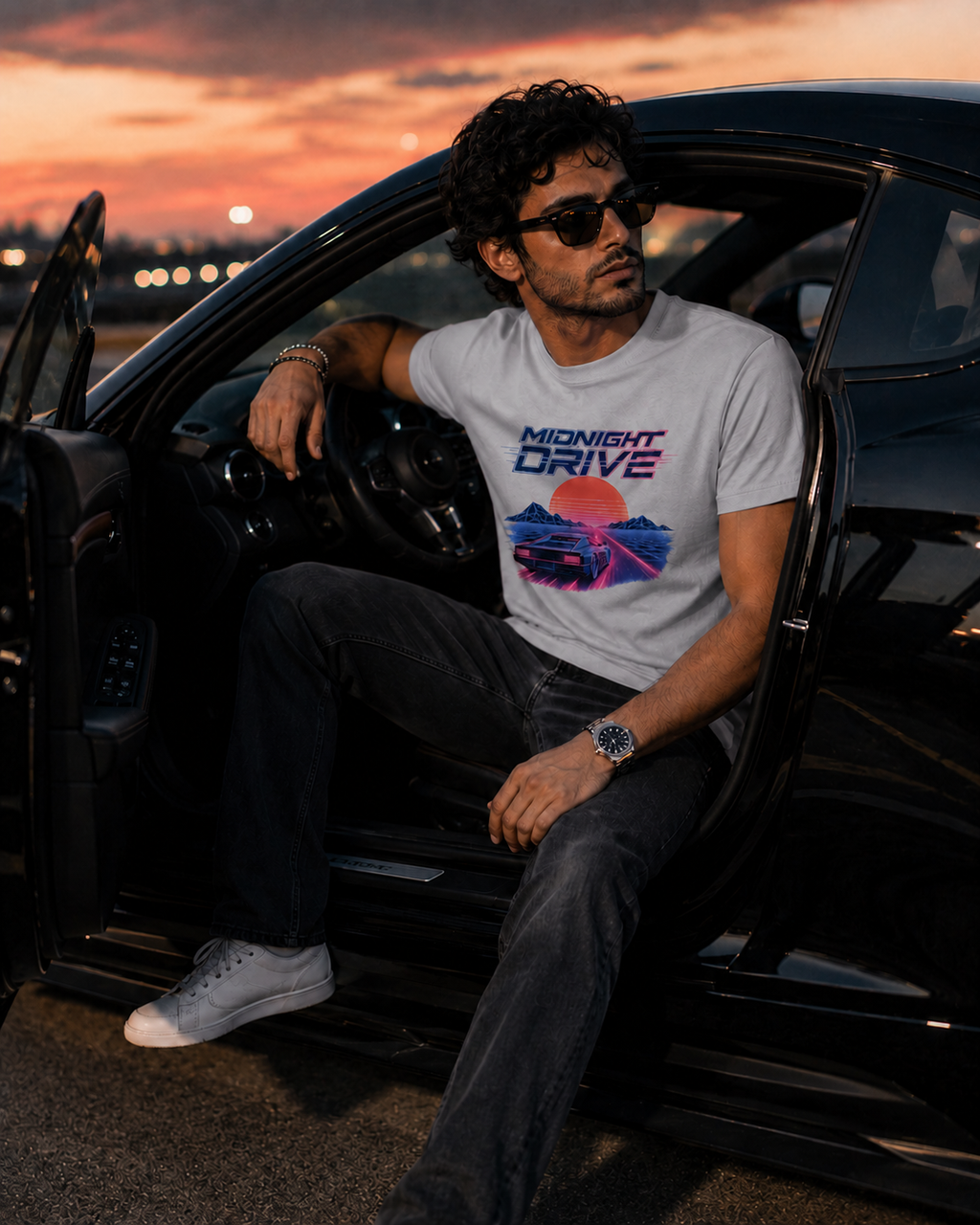 A man wearing a white graphic t-shirt with a retro 'Midnight Drive' design, sitting inside a black car at sunset.
