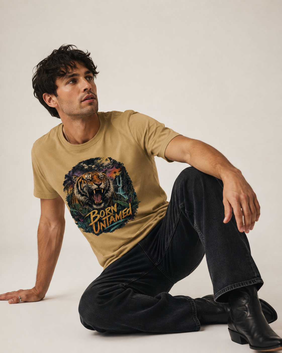A man wearing a tan graphic t-shirt with a tiger design and the text 'Born Untamed', paired with black jeans and black boots, sitting against a plain light background.