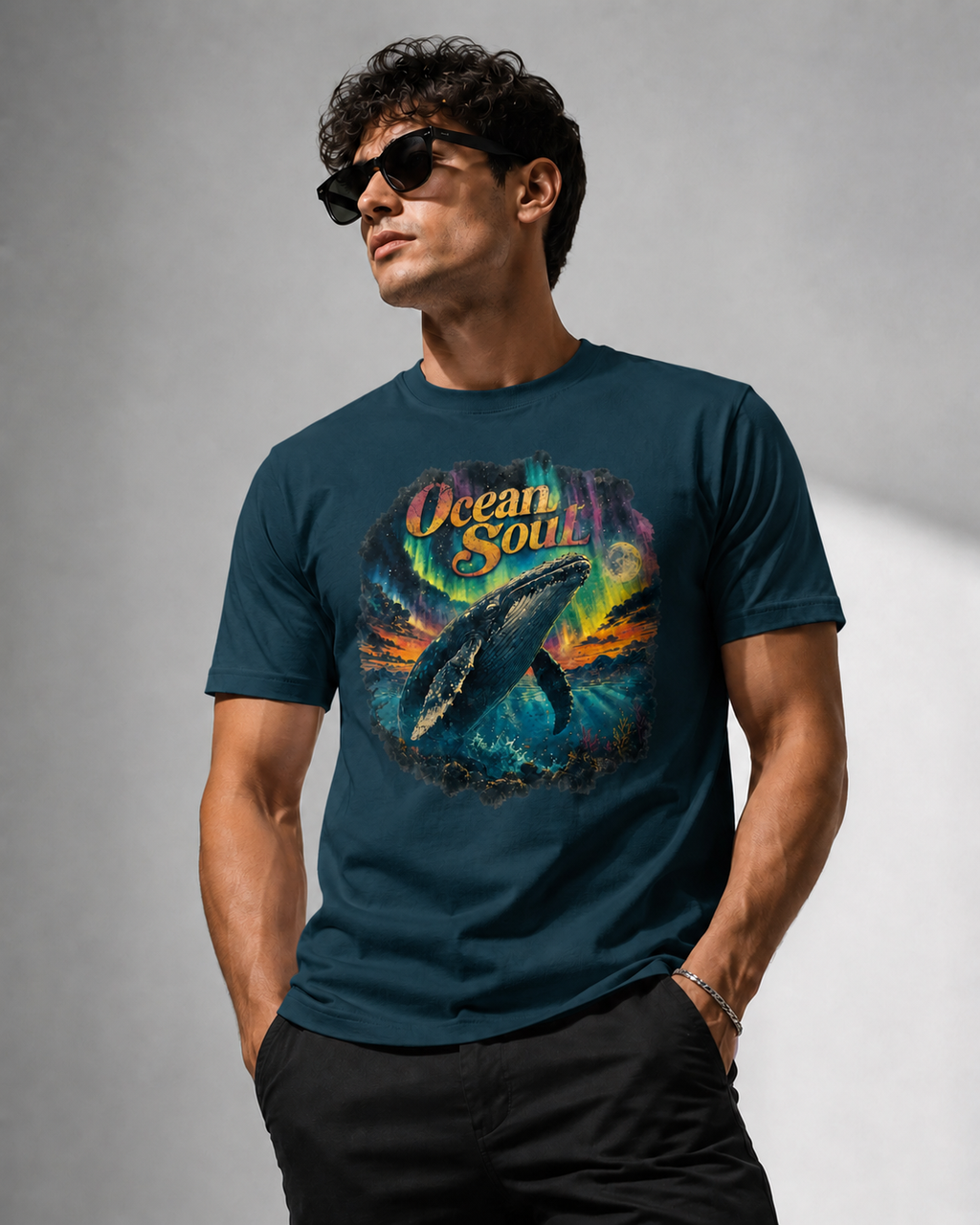 A man wearing a dark teal graphic t-shirt with a colorful 'Ocean Soul' whale print, styled with black sunglasses and black pants against a gray studio background.