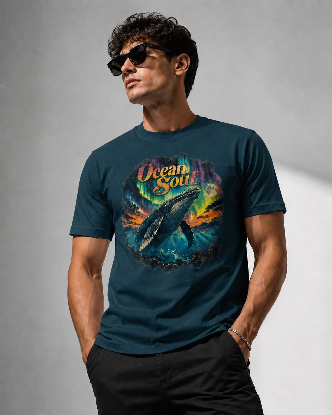 A man wearing a dark teal graphic t-shirt with a colorful 'Ocean Soul' whale print, styled with black sunglasses and black pants against a gray studio background.