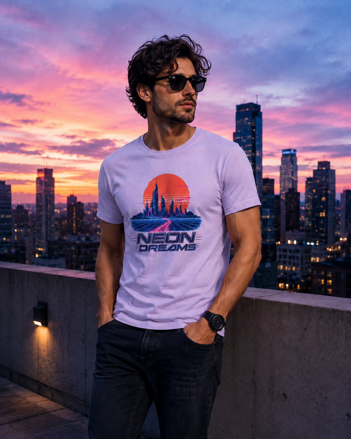 A man wearing a light purple graphic t-shirt with a retro neon sunset design and the text 'NEON DREAMS', standing on a rooftop with a city skyline and a colorful sunset sky in the background.