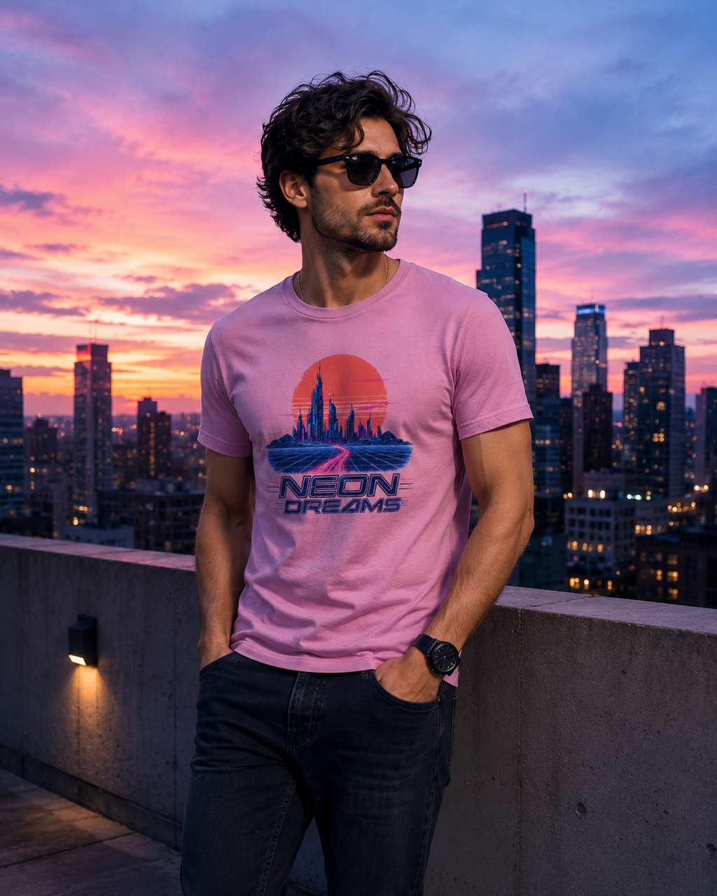 A man wearing a pink graphic t-shirt with a retro neon sunset design and the text 'NEON DREAMS', standing on a rooftop terrace with a city skyline and a colorful sunset sky in the background.