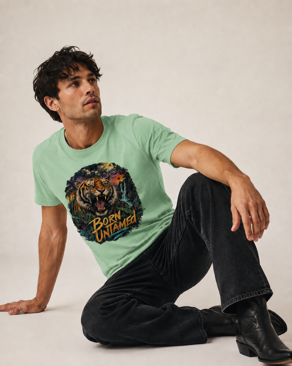 A man wearing a light green graphic t-shirt with a tiger design and the text 'Born Untamed', paired with black jeans and black boots, sitting against a plain beige studio background.