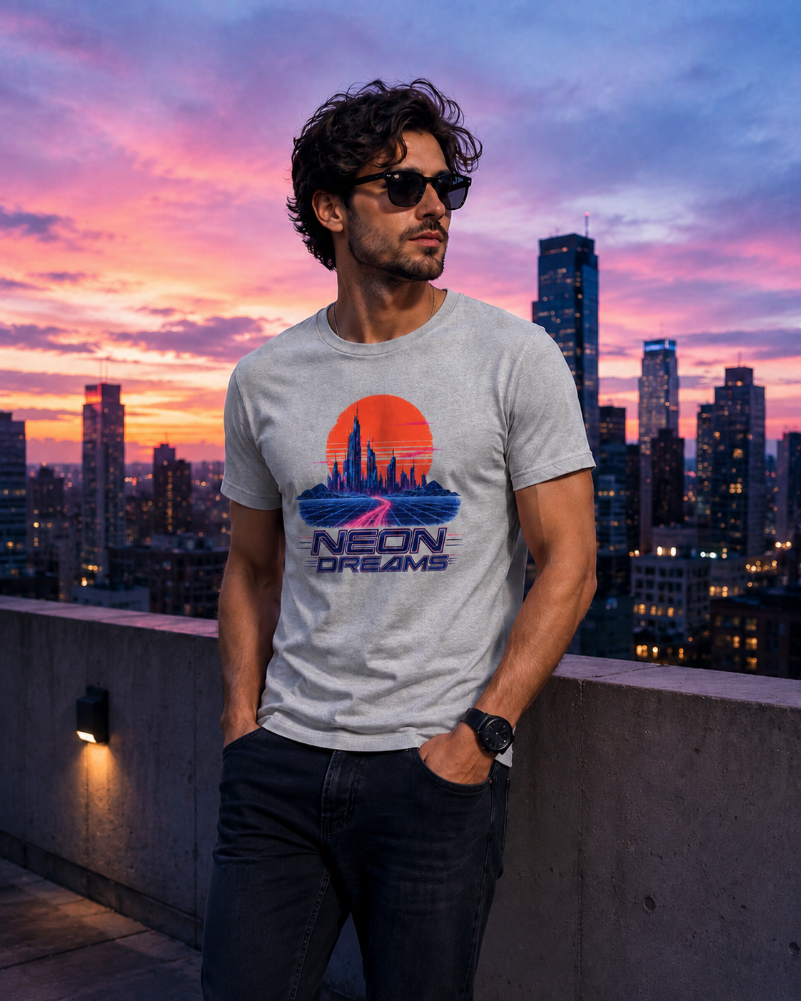 A man wearing a light gray t-shirt with a retro neon sunset graphic and dark jeans, standing on a rooftop terrace with a city skyline and a colorful sunset sky in the background.