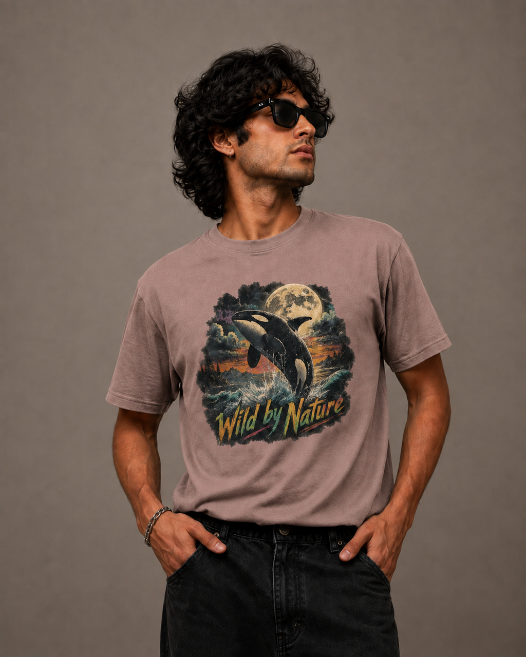A man wearing a faded taupe graphic t-shirt with a polar bear and orca design, paired with black jeans and sunglasses, standing against a neutral gray studio background.