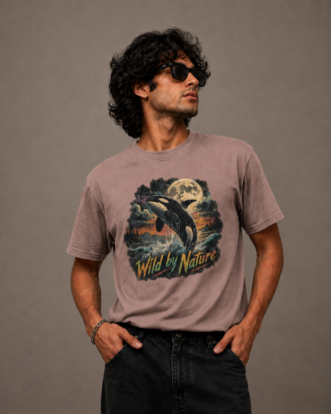 A man wearing a faded taupe graphic t-shirt with a polar bear and orca design, paired with black jeans and sunglasses, standing against a neutral gray studio background.