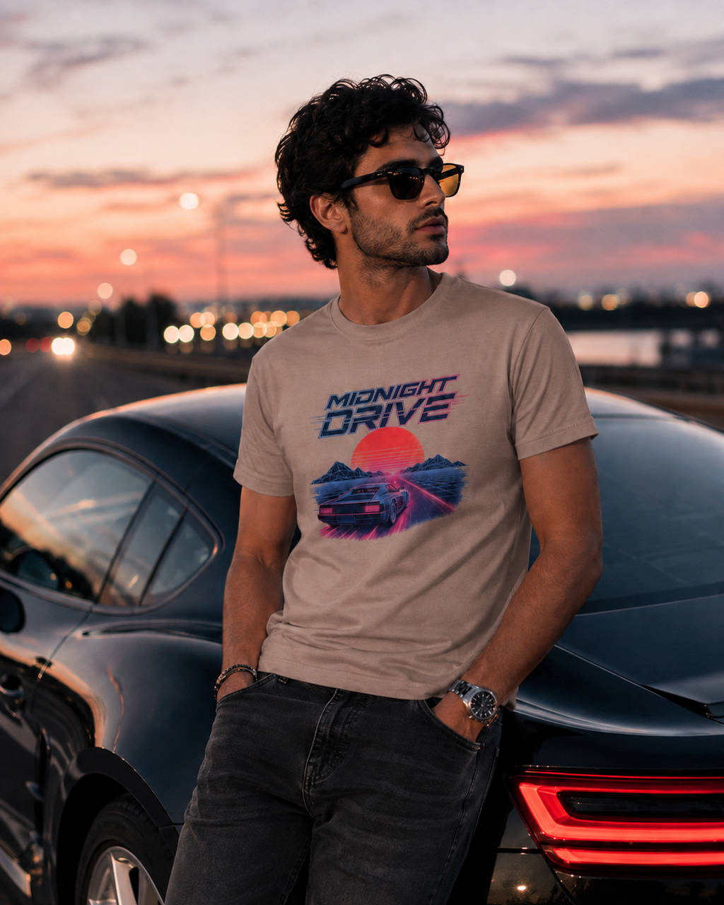 A man wearing a beige graphic t-shirt with a retro 'Midnight Drive' design, leaning beside the back side of black car at sunset.