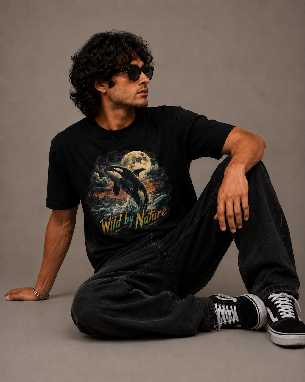 A man wearing a black graphic t-shirt with a 'Wild by Nature' orca print, styled with black jeans and black sneakers, sitting against a plain gray studio background.