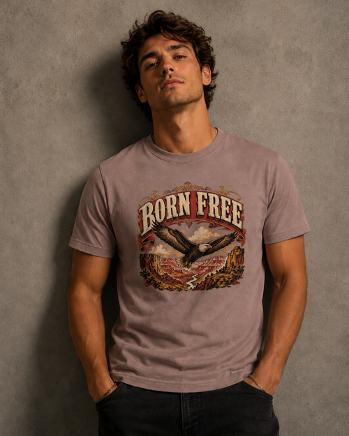 A man wearing a mauve-brown graphic t-shirt with a 'Born Free' eagle design, standing against a textured gray wall.