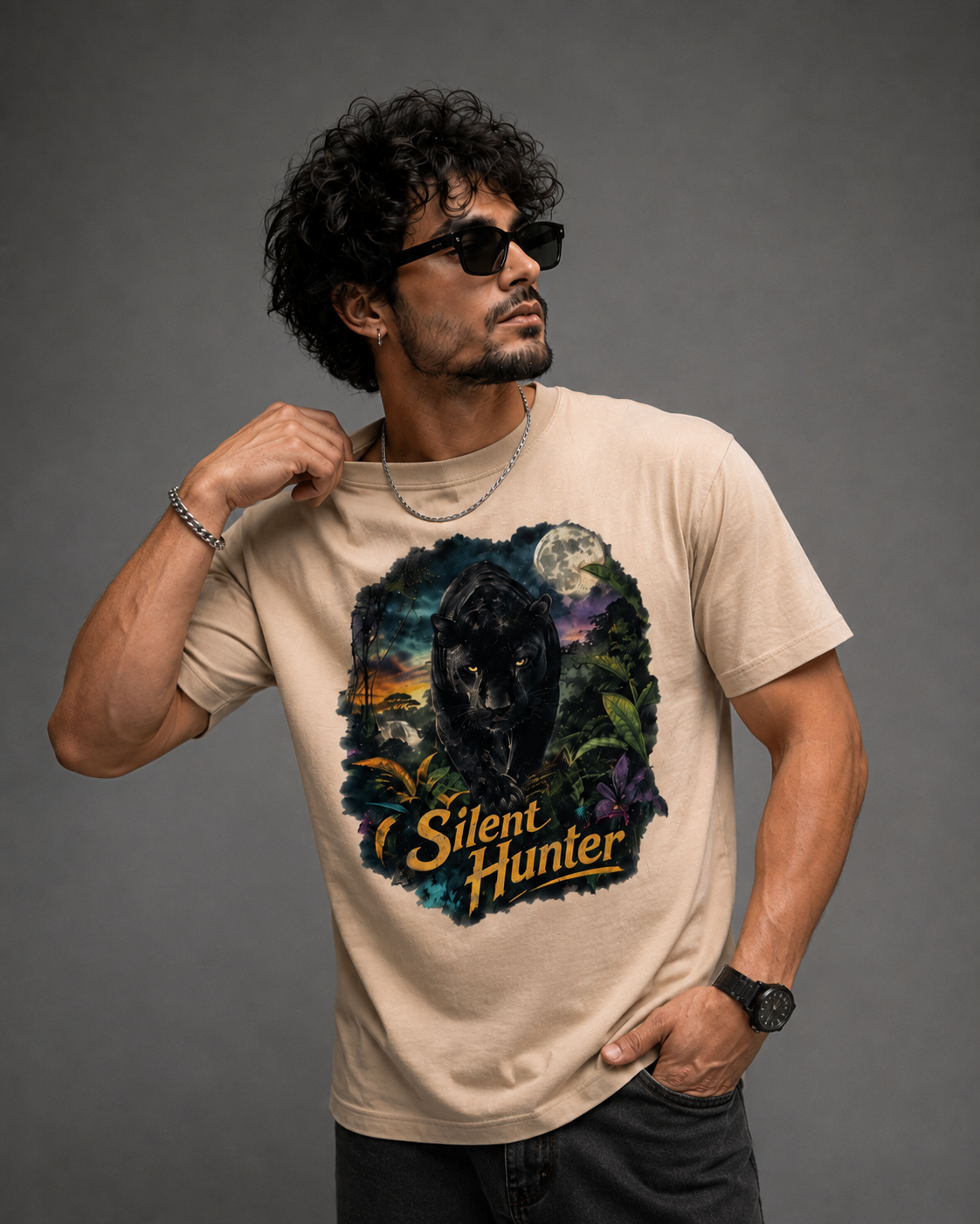 A man wearing a beige graphic t-shirt with a 'Silent Hunter' black panther design, styled with black sunglasses, a silver chain necklace, and a black watch, posing against a dark gray studio background.