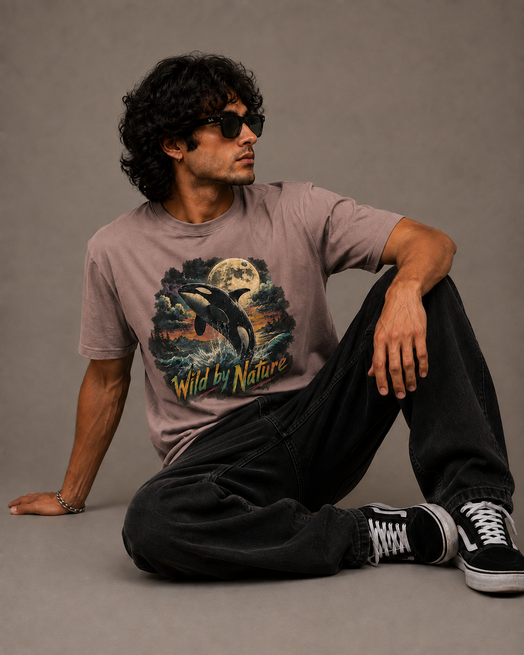 A man wearing a faded taupe graphic t-shirt with a polar bear and orca design, paired with black jeans and black sneakers, sitting against a solid gray studio background.
