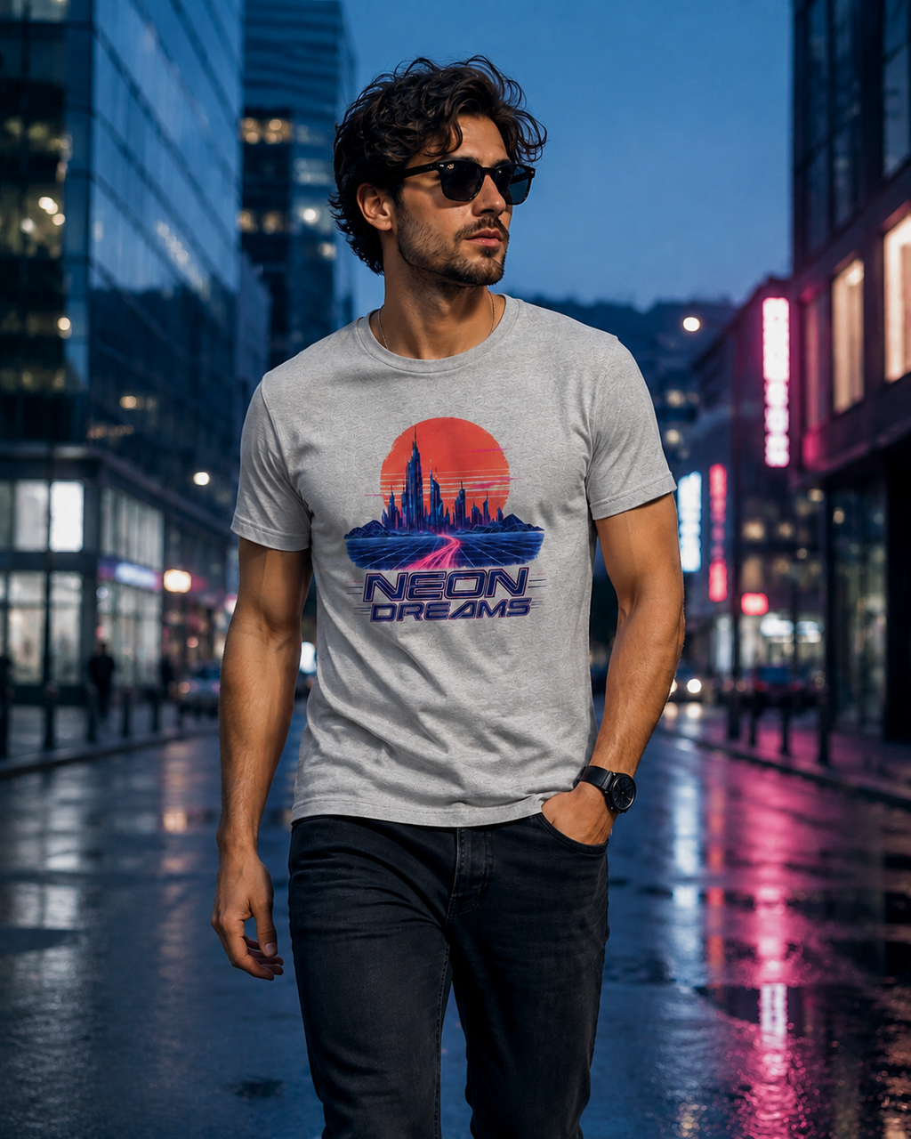 A man wearing a light gray t-shirt with a retro neon sunset graphic and the text 'NEON DREAMS' stands on a wet city street at dusk.
