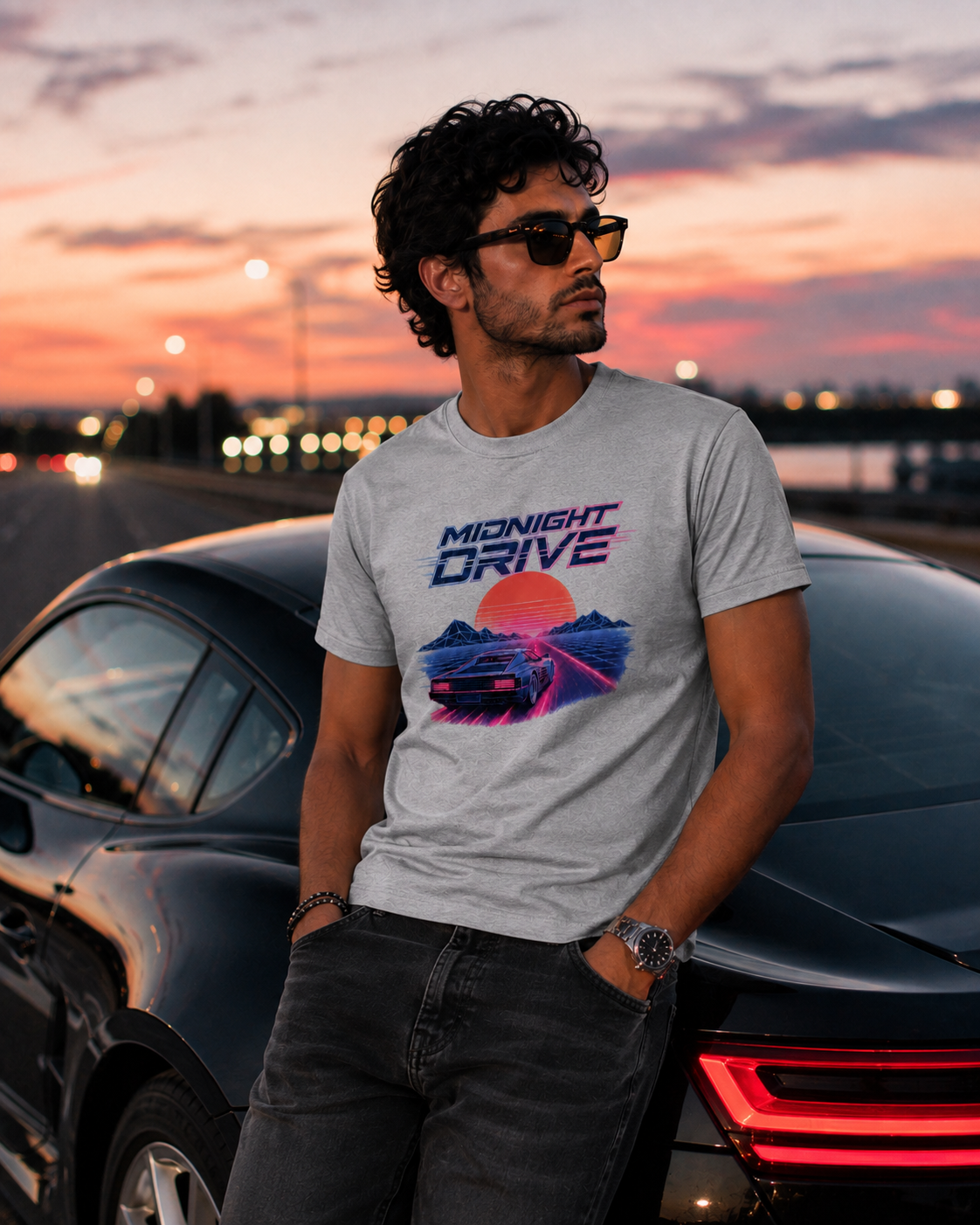A man wearing a light gray graphic t-shirt with a 'Midnight Drive' design, standing next to a black car at sunset.