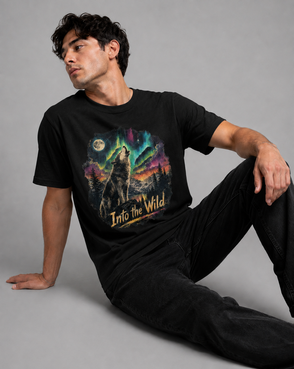 A man wearing a black graphic t-shirt with a colorful wolf howling under a moonlit sky design, paired with black jeans, posed against a solid gray studio background.
